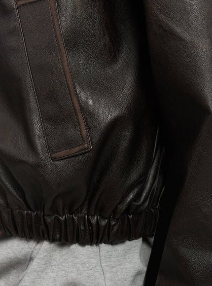 Men's Vintage Faux-Leather Collared Jacket IA510