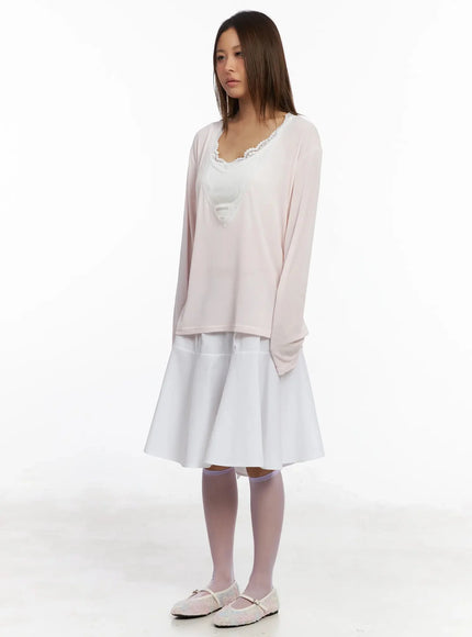 Lace Trim V-Neck Relaxed Top IY504