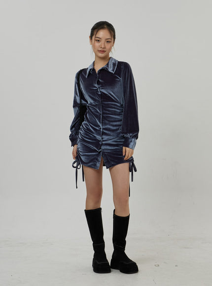 Side Tie Ruching Velvet Long Sleeve Mini Dress CD23