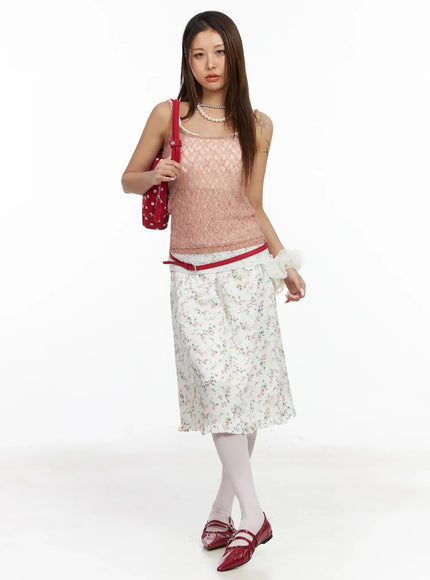 Floral Satin Ruffle Hem Midi Skirt IA527