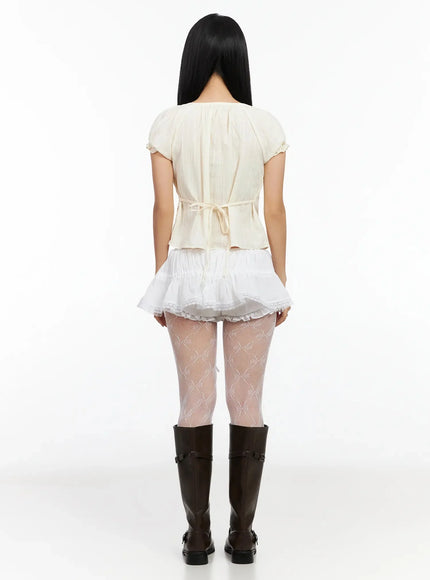 Vintage Puff Sleeve Lace Trim Blouse IA507