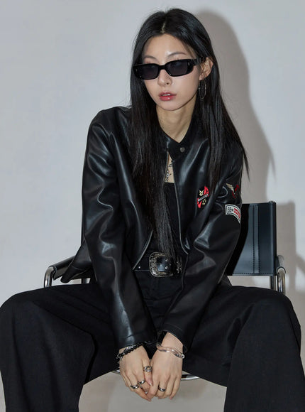 Graphic Crop Leather Jacket CC1109