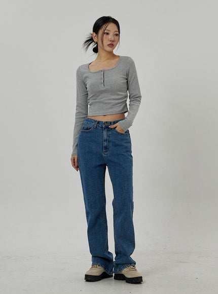 Button Neck Long Sleeve Cropped Top CD21