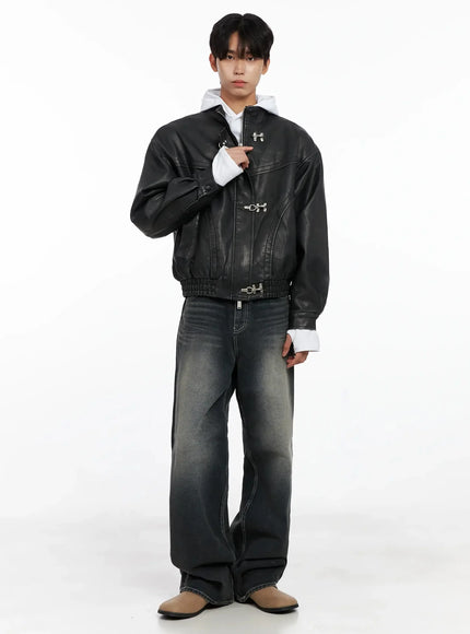 Men's Faux Leather Toggle Buckle Jacket IO516