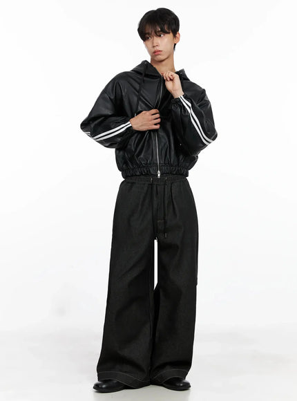 Men's Faux Leather Track Hooded Jacket IO517