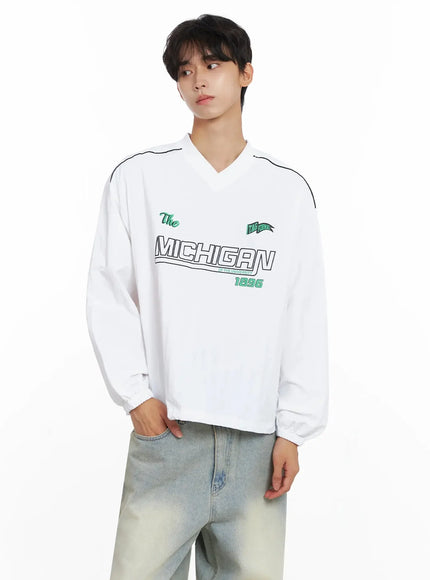 Men's V-Neck Lettering Windbreak Pullover IO516