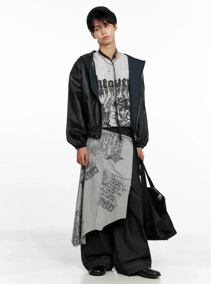 Men's Faux Leather Track Hooded Jacket IO516