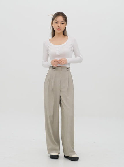 Scoop Neck Long Sleeve T Shirt with Front Buttons CM2