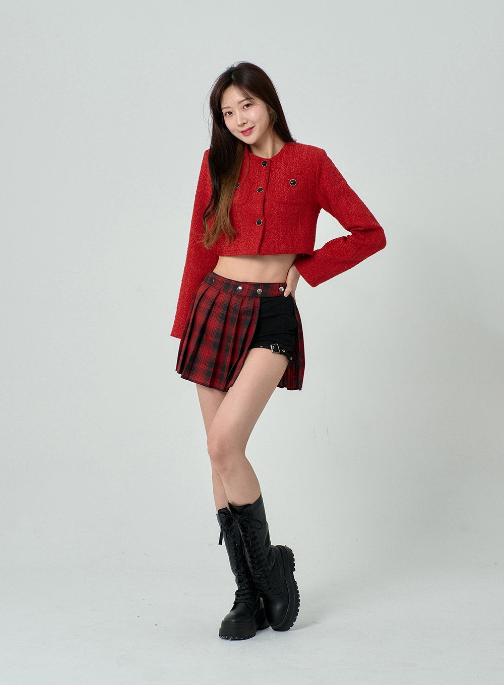 Layered Plaid Pleated Mini Skirt And Short Pants BN22