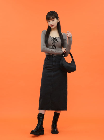 Cropped Long Sleeve Top with Front Lace Detail C1703