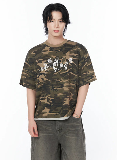 mens-camo-layered-t-shirt-iy519 / Beige