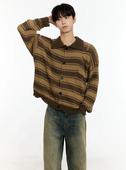 mens-striped-distressed-collared-cardigan-in503 / Beige