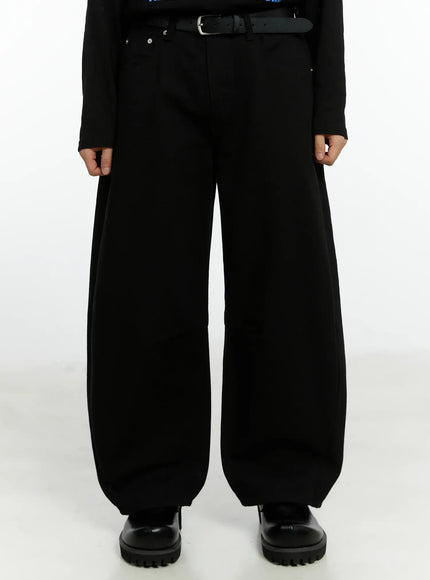 mens-black-curved-fit-wide-cotton-pants-if511 / Black