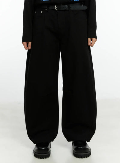 mens-black-curved-fit-wide-cotton-pants-if511 / Black
