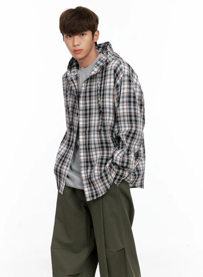 mens-hooded-plaid-shirt-io506 / Black