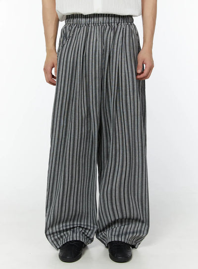 mens-striped-linen-balloon-fit-pants-black-iu504 / Black