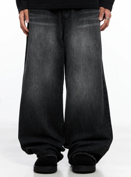 mens-wide-leg-washed-jeans-io502 / Black