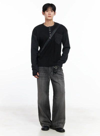 mens-two-toned-wool-knit-long-sleeve-top-ij521 / Black