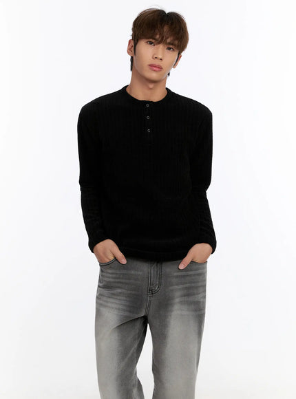 mens-ribbed-henley-sweater-in528 / Black