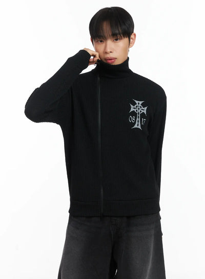 cross-print-high-neck-zip-up-cardigan-id515 / Black