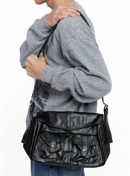 faux-leather-two-pocket-crossbody-bag-io506 / Black