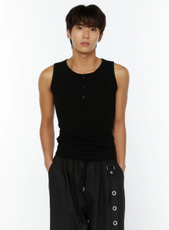 mens-ribbed-henley-tank-iy508 / Black