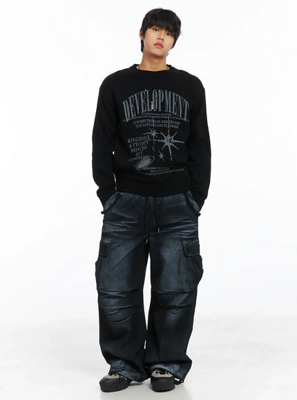 mens-graphic-print-knit-pullover-ij512 / Black