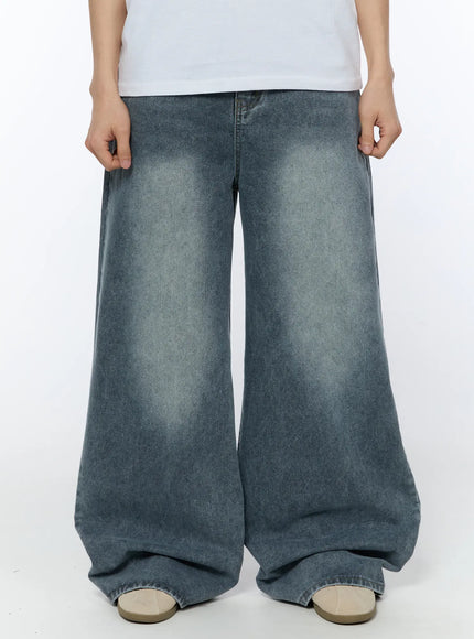 mens-wide-leg-washed-jeans-ia517 / Blue