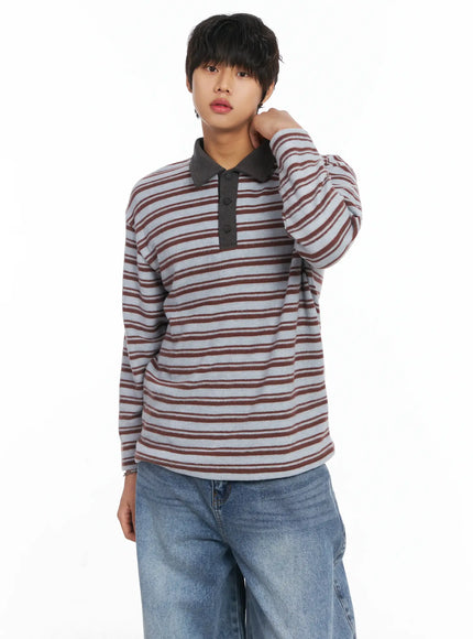 mens-striped-collar-fleece-sweater-ij512 / Brown
