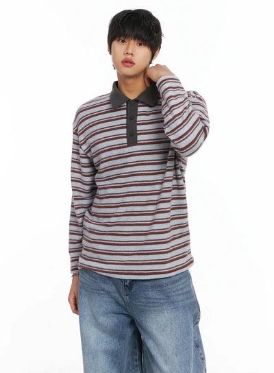 mens-striped-collar-fleece-sweater-ij512 / Brown