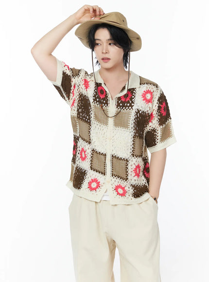 mens-crochet-knit-short-sleeve-cardigan-iy525 / Brown
