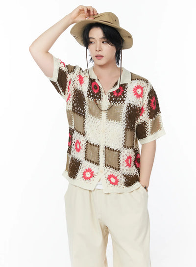 mens-crochet-knit-short-sleeve-cardigan-iy525 / Brown