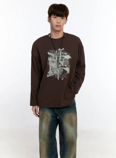 mens-retro-print-long-sleeve-tee-is530 / Brown