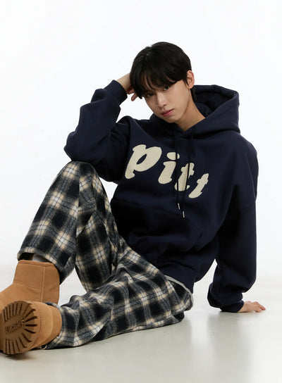 mens-letter-embroidered-fleece-hoodie-id502 / Dark blue