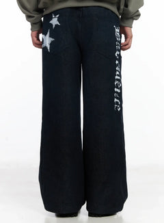 mens-street-style-lettered-wide-jeans-ij521 / Dark blue