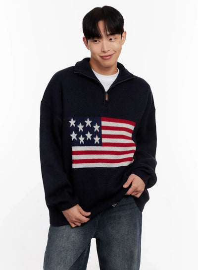 mens-flag-graphic-half-zip-sweater-io528 / Dark blue