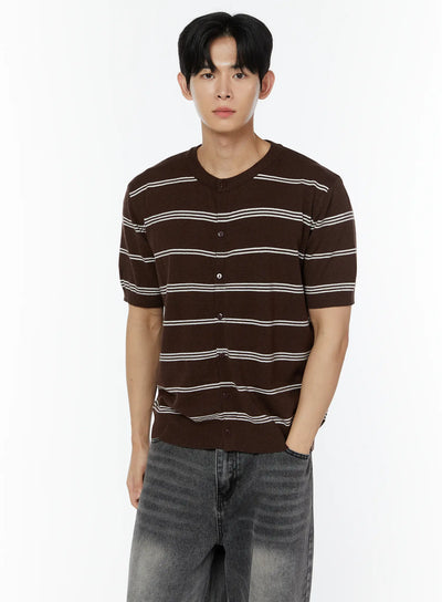 mens-striped-short-sleeve-cardigan-iu504 / Dark brown