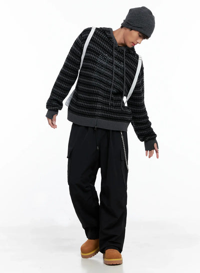 mens-striped-textured-double-zip-up-hoodie-io506 / Dark gray