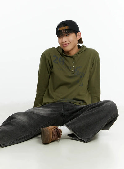mens-graphic-print-henley-hooded-long-sleeve-top-if511 / Dark green