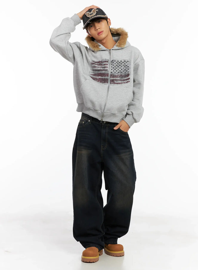 mens-flag-graphic-fur-zip-up-hoodie-id511 / Gray