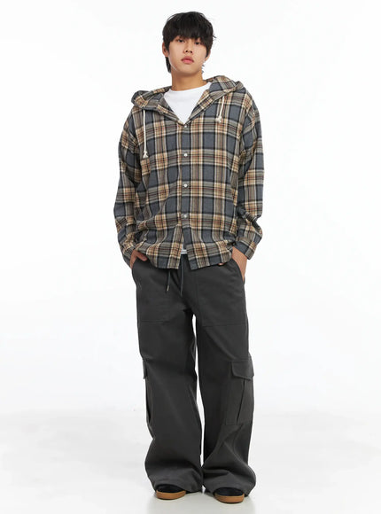 mens-plaid-hooded-flannel-ij512 / Gray