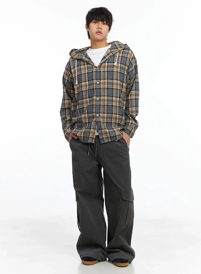 mens-plaid-hooded-flannel-ij512 / Gray