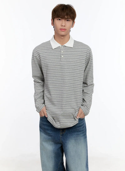 mens-striped-polo-long-sleeve-tee-in512 / Gray