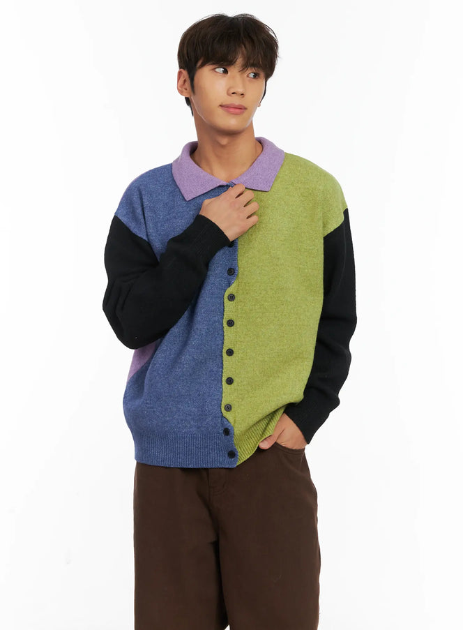 mens-colorblock-collared-cardigan-id511 / Green