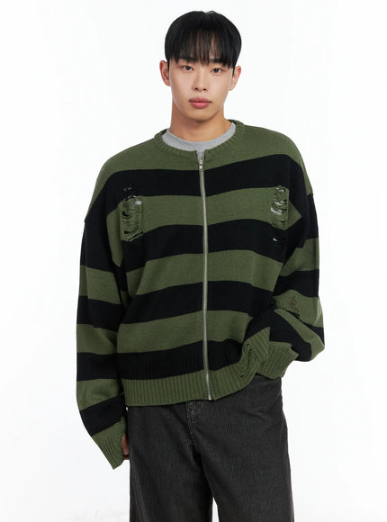 mens-stripe-distressed-knit-cardigan-in518-1 / Green