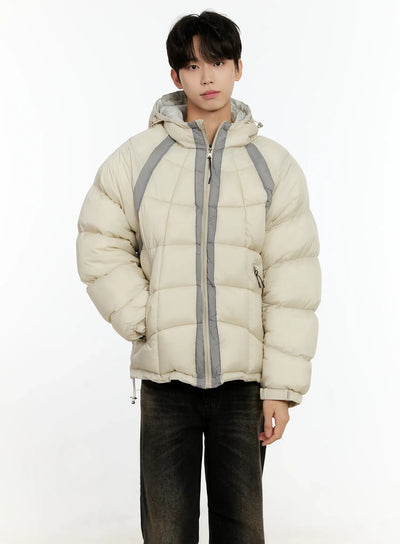 mens-color-block-puffer-jacket-light-beige-io531 / Light beige