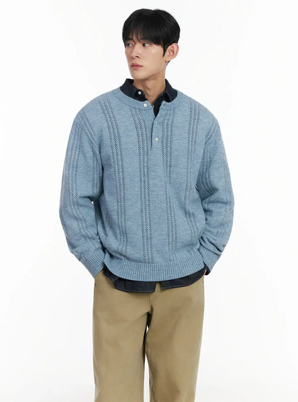 mens-pointelle-henley-knit-sweater-if517 / Light blue