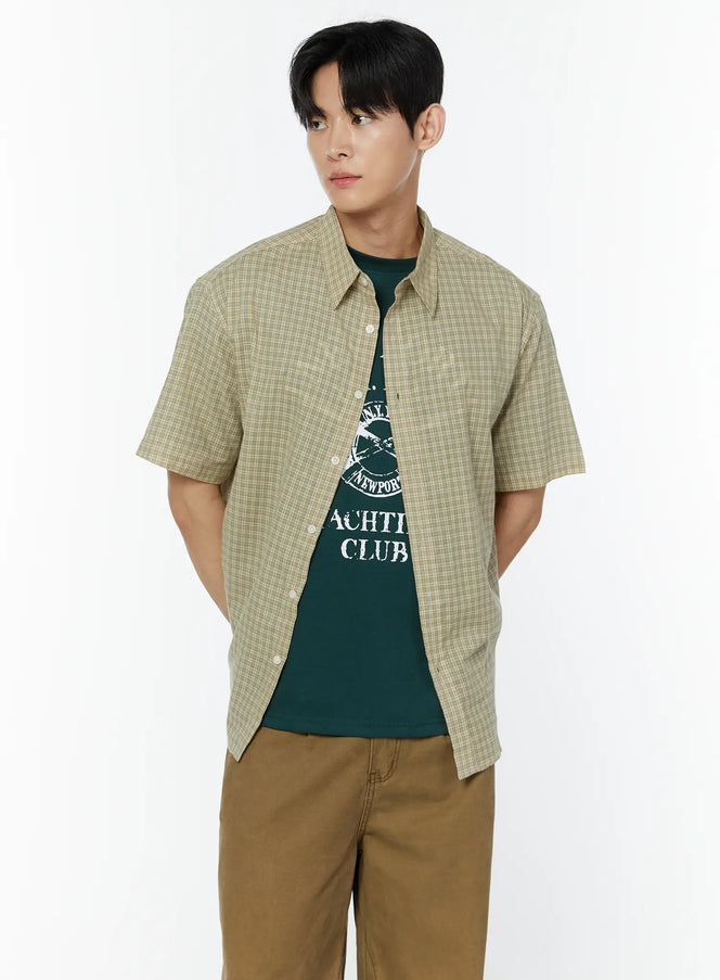 mens-plaid-short-sleeve-shirt-iu504 / Light green