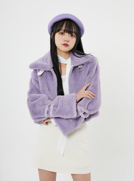 Buckle Soft Fur Crop Shearling Jacket BN04