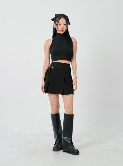 Folded Waist Two Buckle Pleated Mini Skirt BD23